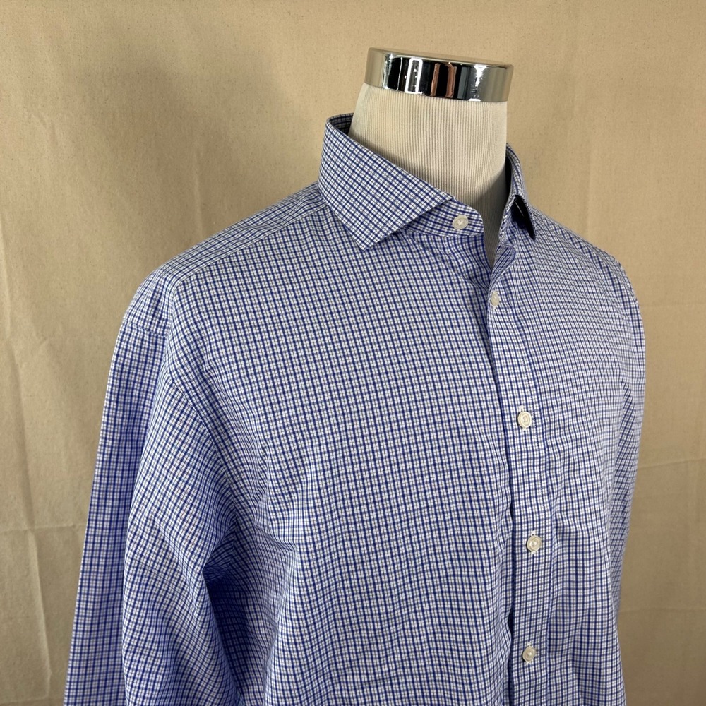 Charles Tyrwhitt 17.5 34 Classic Fit Dress Shirt Blue Check Non-Iron Cotton Mens